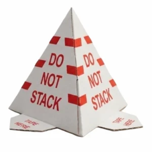 Do not stack cone with red text one white background. triangular cone affixed with tape.