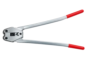 Long handled sealing tool for use with both PET & PP plastic strapping