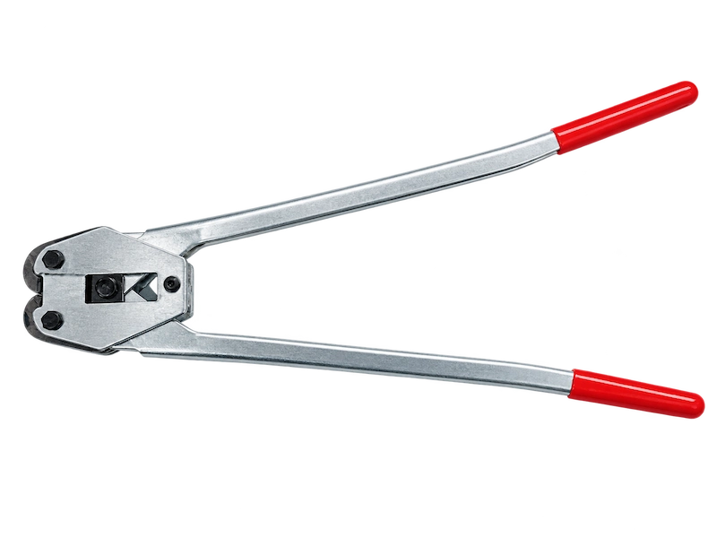 Long handled sealing tool for use with both PET & PP plastic strapping