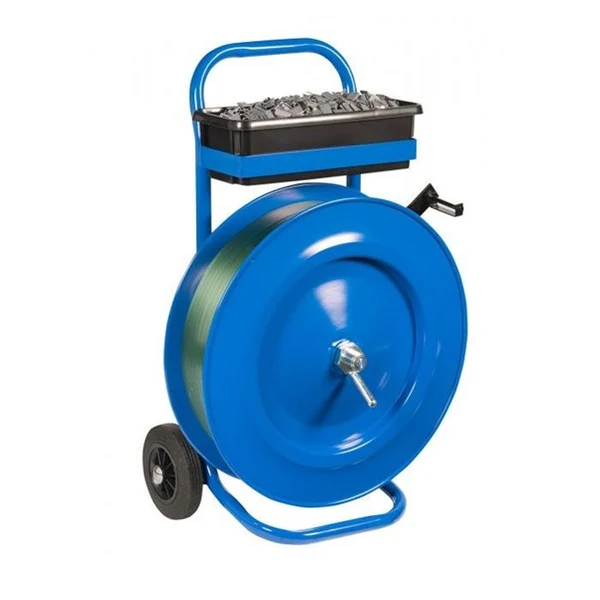 Mobile dispenser for PET strapping for use with reels with a 406mm cardboard core.