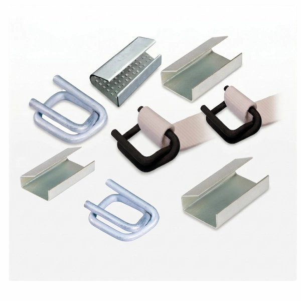 A range of Clips and buckles to suit 12mm plastic strapping