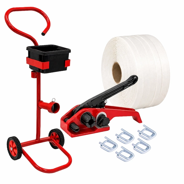 Woven Strapping Starter Kit comes with Dispenser trolley, strapping, buckles and a Tensioner