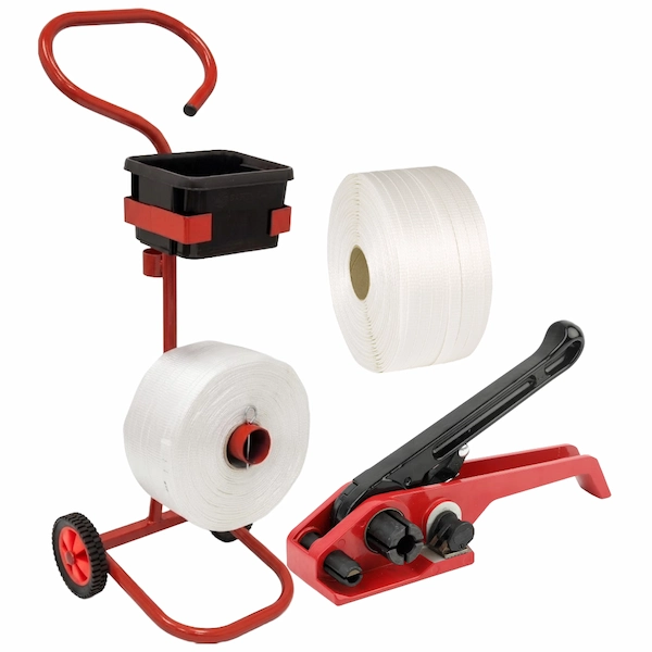 Woven Strapping tools including a tensioner and mobile trolley.