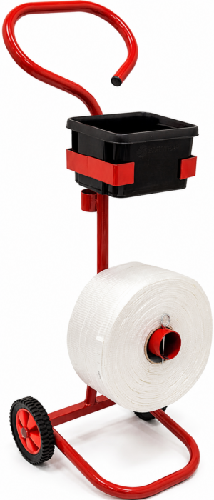 A Mobile dispenser trolley for use with woven polyester strapping