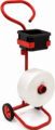 A Mobile dispenser trolley for use with woven polyester strapping