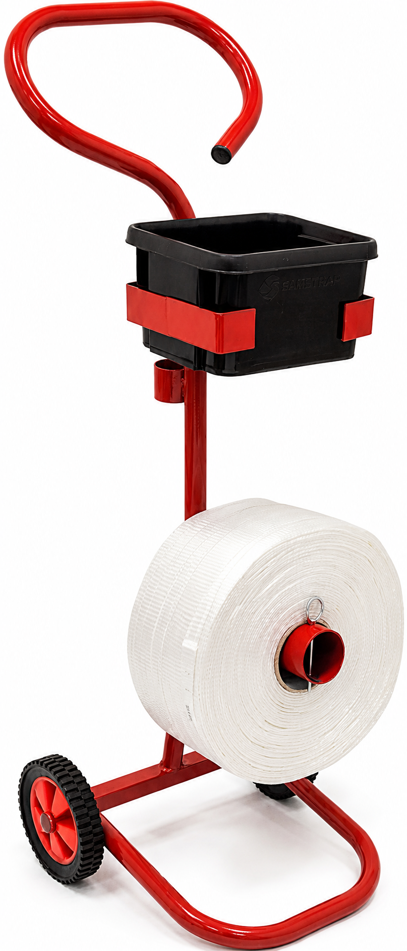 A Mobile dispenser trolley for use with woven polyester strapping