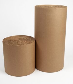 A single roll of corrugated cardboard in both 1500mm width and 600m with stood next to each other